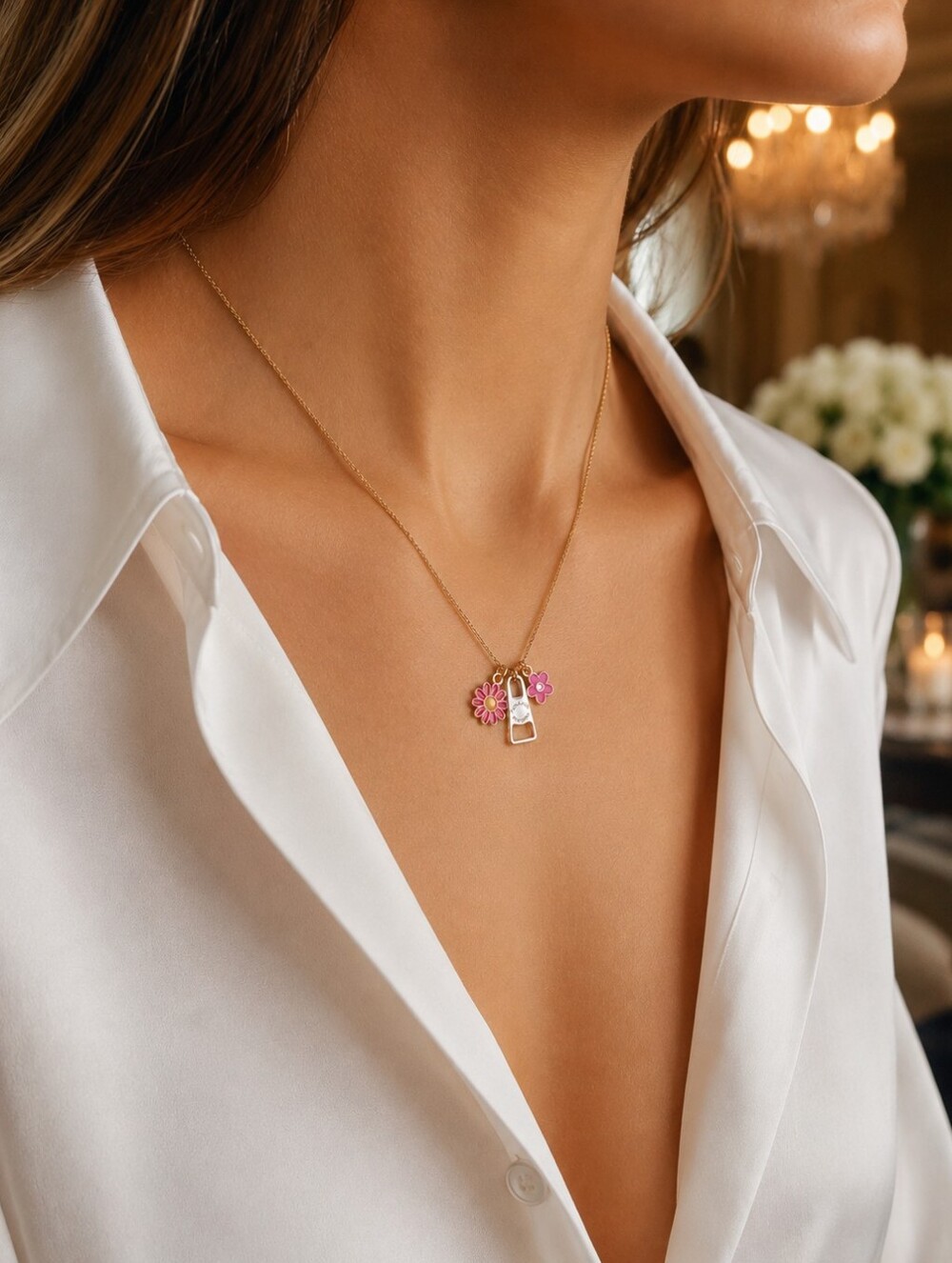 Coach New York Engraved Pendant Necklace With Pink Flower Charm Accents